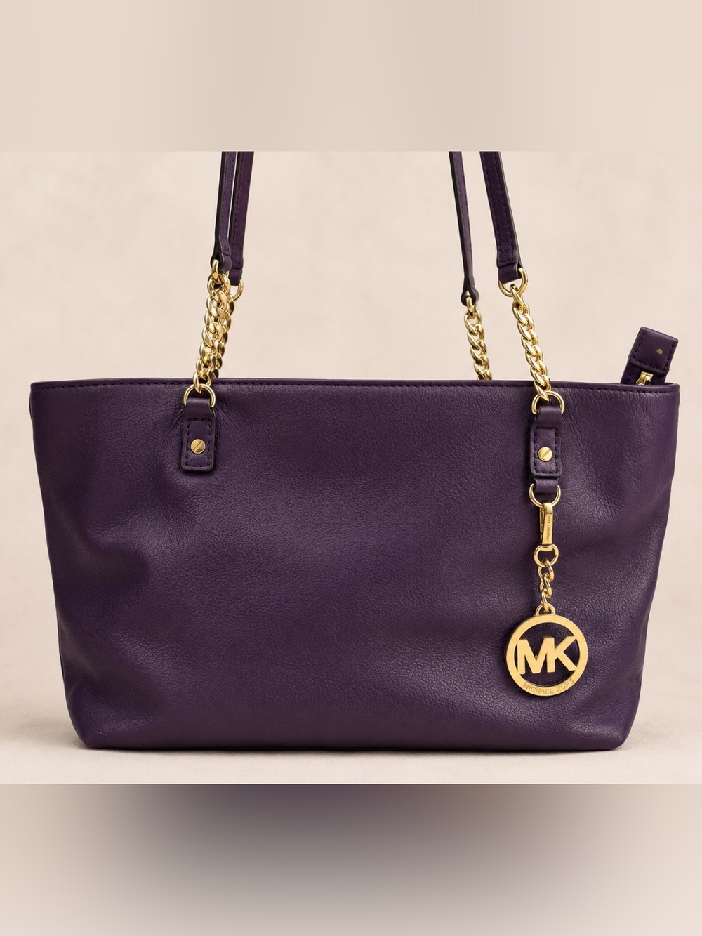Michael Kors Deep Purple Leather Shoulder Bag with Gold Chain Accents / MK